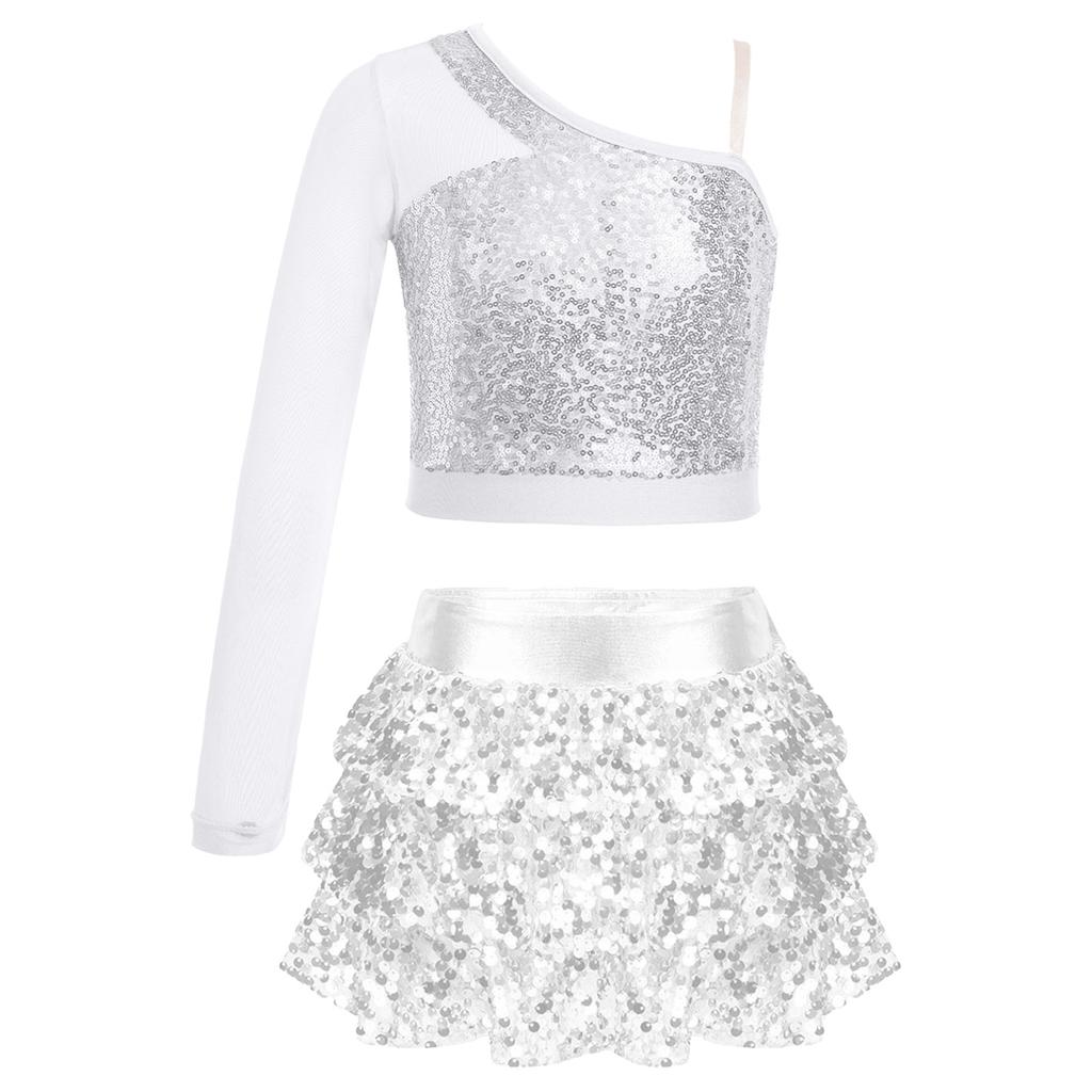 Kids Performance Costume Sequins Adorned One Shoulder Top with Wide Leg Shorts