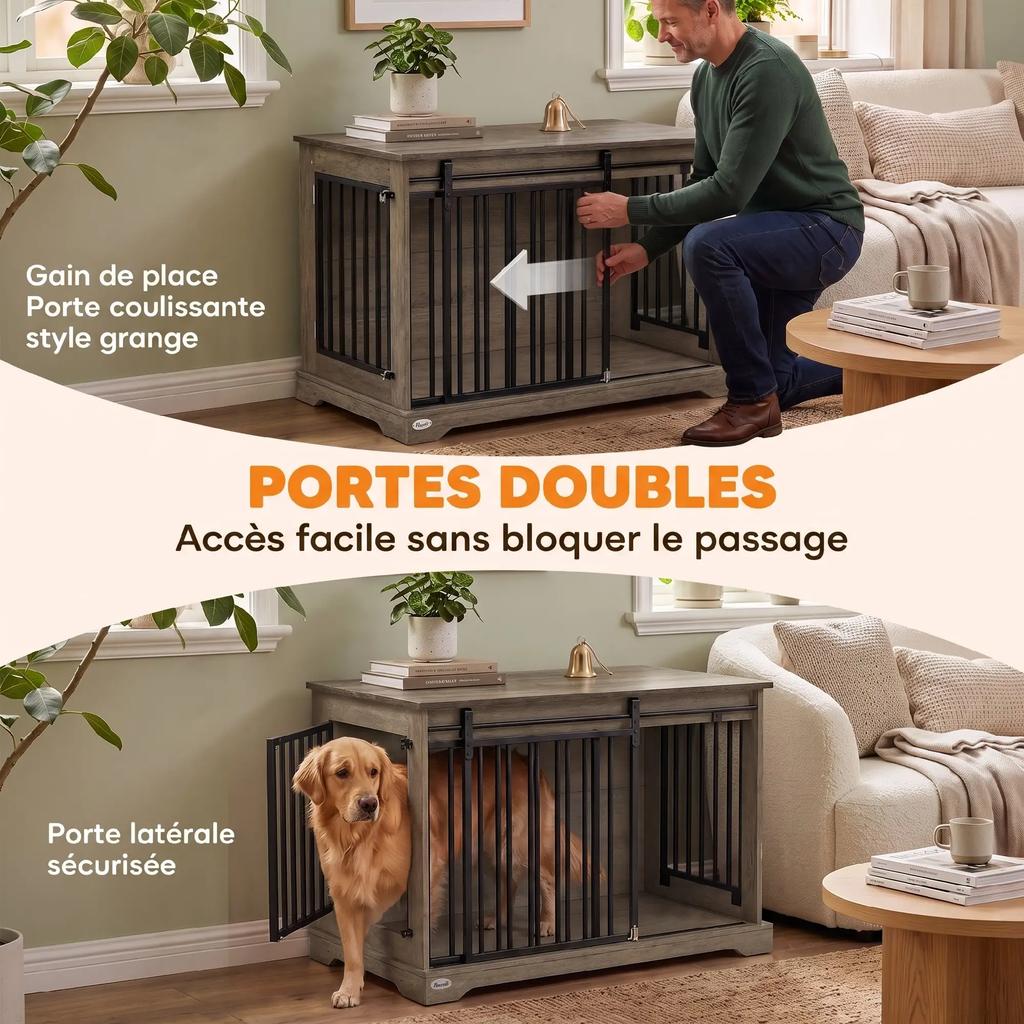 PawHut Wooden and Steel Dog Crate with Sliding Door, Side Table, Modern Kennel, 100x60x68cm, Gray Wood Effect