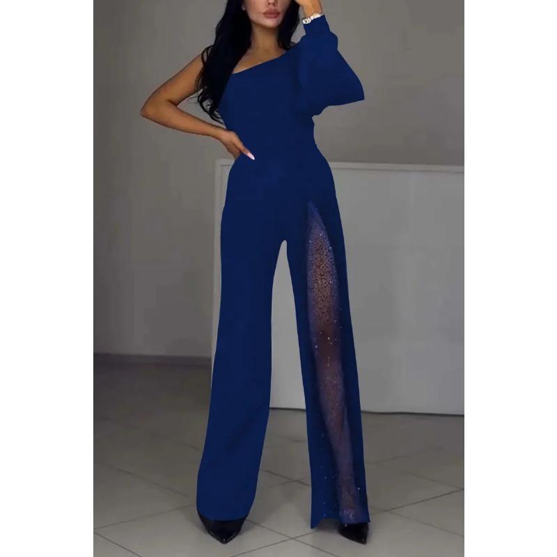 Women's Plus Size Fashion Sexy Oblique Shoulder High Split Jumpsuit