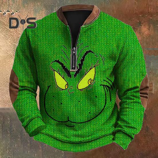 Весна Осень Мужской Топ На Молнии Полуоткрытый V-образный Вырез 3D Мультяшный Принт Лоскутные Рукава Плюс Размер Пуловер Свободный Спортивный Досуг Праздник Свитшот