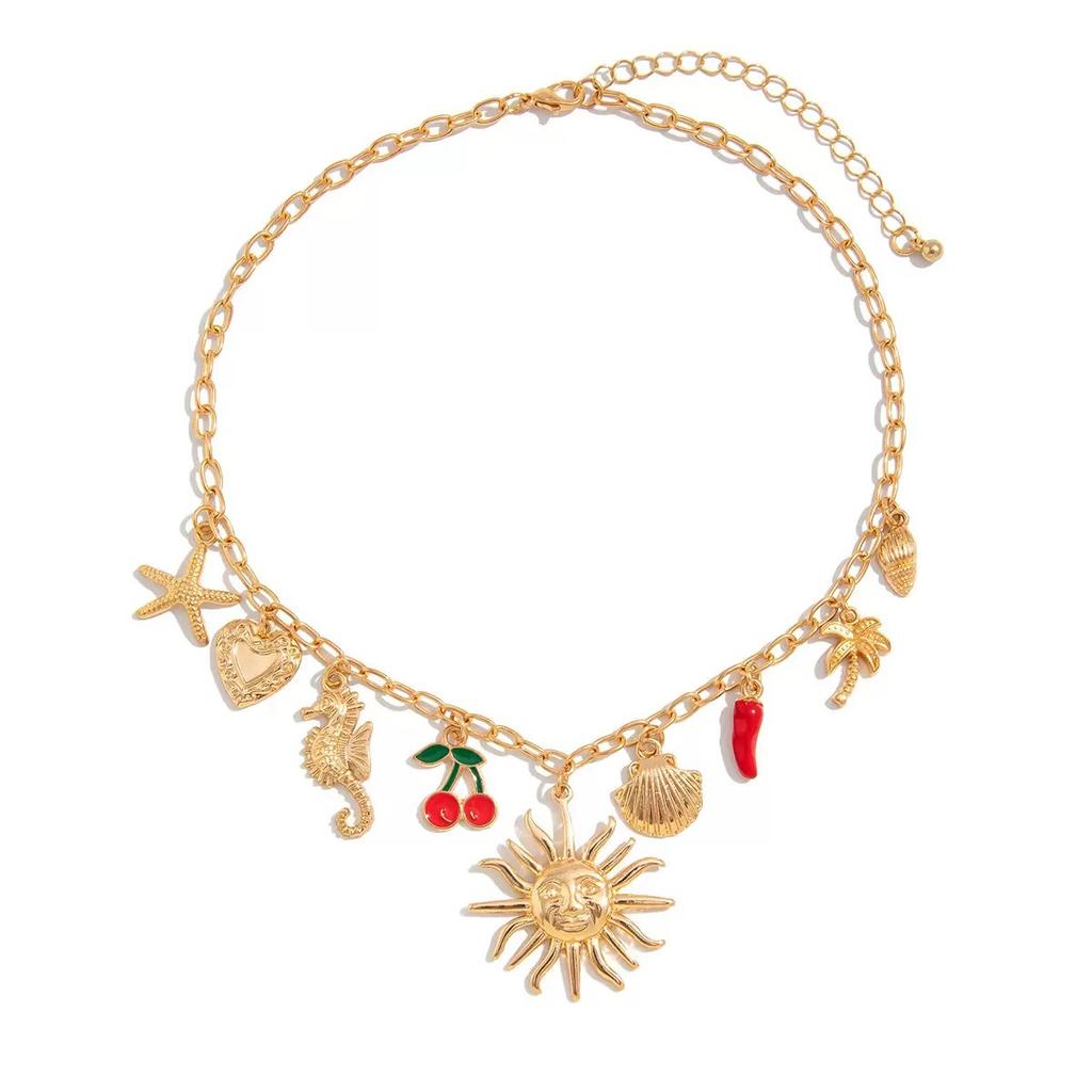 Holiday cherry chili oil drop pendant necklace, vintage ocean style collarbone necklace, European and American accessories