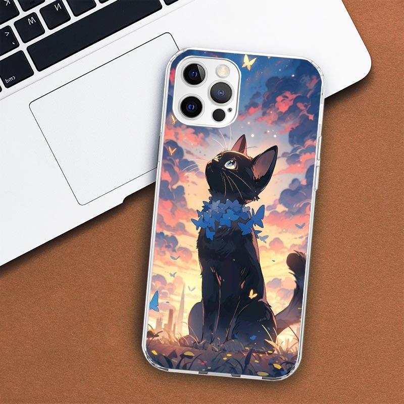 Чехол для телефона с милым черным котом, мяуканьем для Apple iPhone 11, 12, 13, 15, 14 Pro 7 XR X XS Max 8 Plus + Mini SE, мягкий чехол с индивидуальным принтом