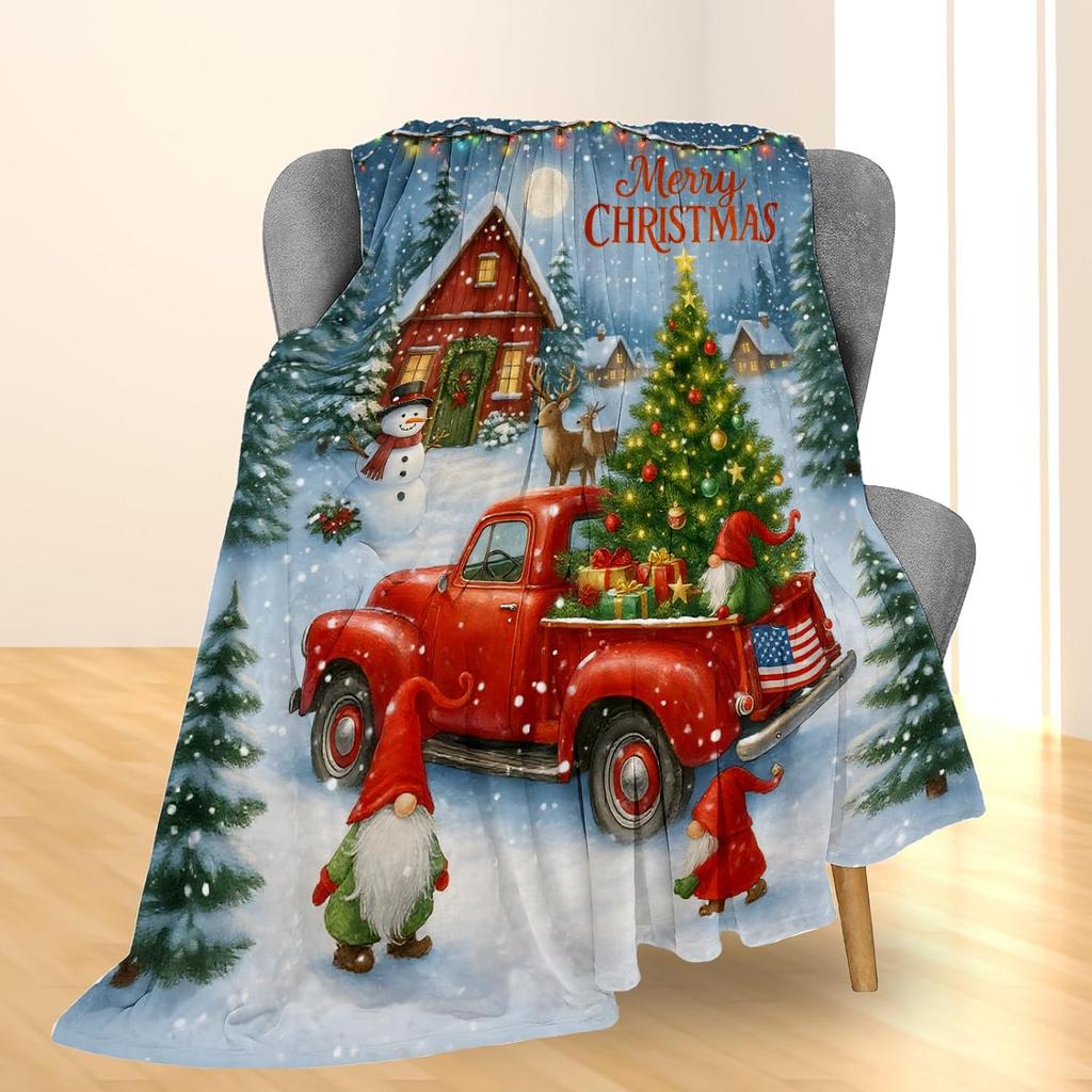 Christmas Tree Blanket, Soft Lightweight Flannel Red Truck Gnomes Snowy Cabin Throw Blanket for Couch, Bed, Travel & Home Decor