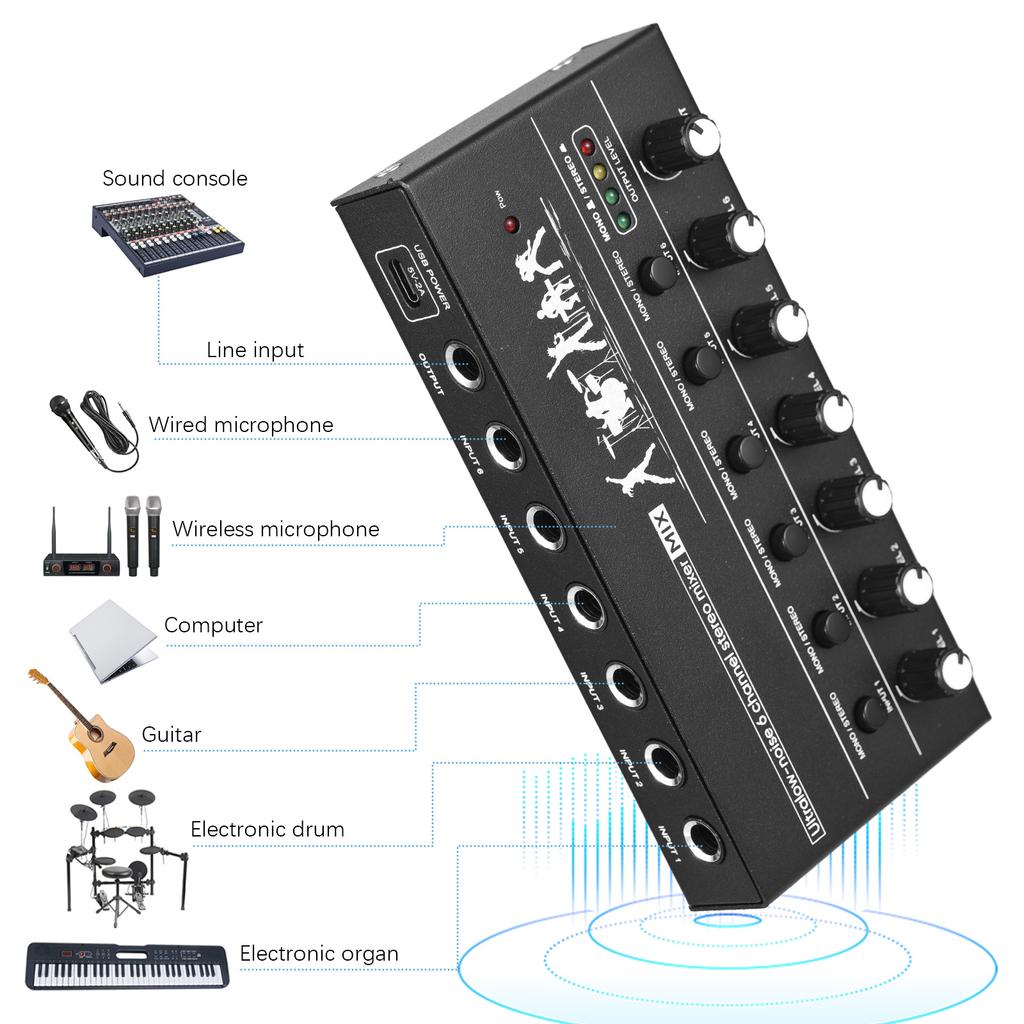6-канальный аудиомикшер, стереолинейный микшер, металлический корпус, источник питания USB Type-C для гитары, баса