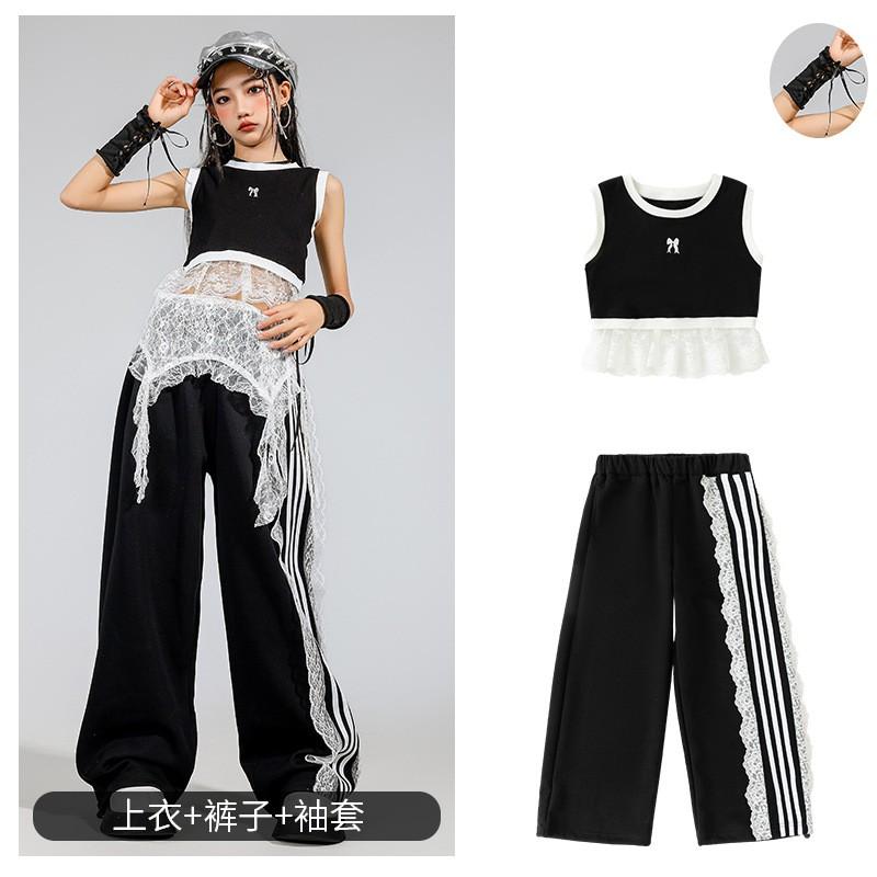 Girls Jazz Dance Outfit Black Crop Top Pants Set Streetwear Performance Costume Kids