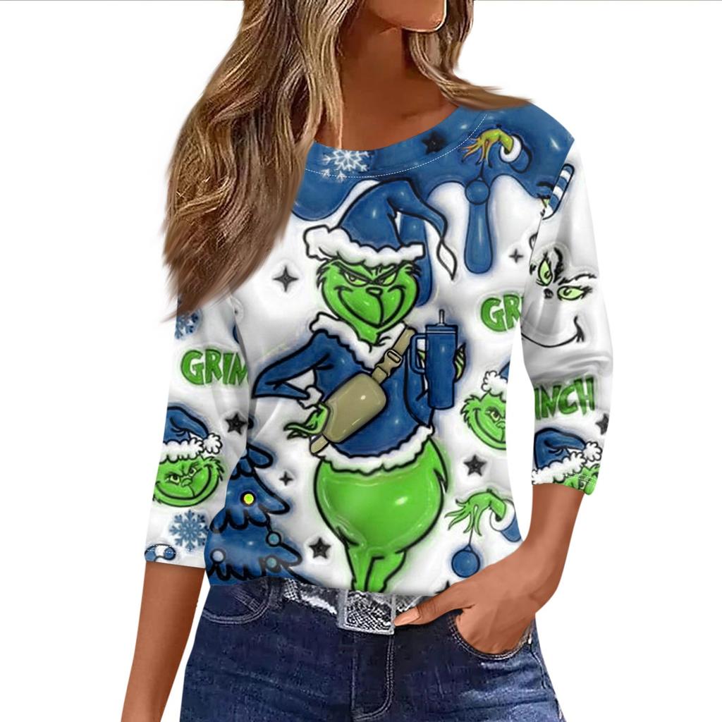 Women's Fashionable Casual Three Quarter Sleeve Christmas Printed Round Neck Top