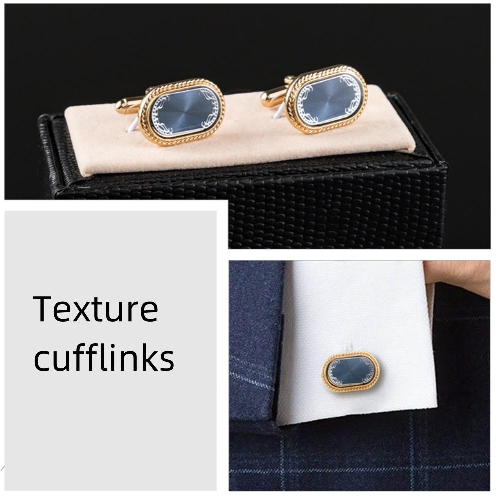 Men's Cufflink Set, Rectangular Gold Embossed Blue Background Retro Cufflinks, Paired with Gift Boxes.