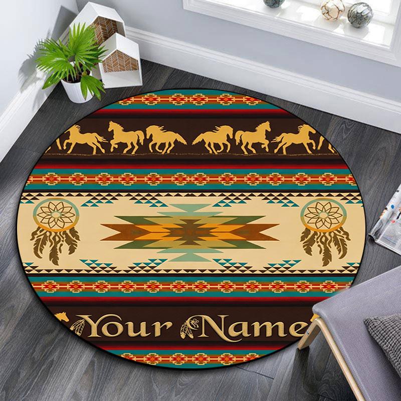 Custom Name,Boho Southwest Cowboy Animal pattern round rug,Carpet Rug for Living Room Bedroom Playroom ,Non-slip Floor Mat,Holiday Gifts and Birthday 
