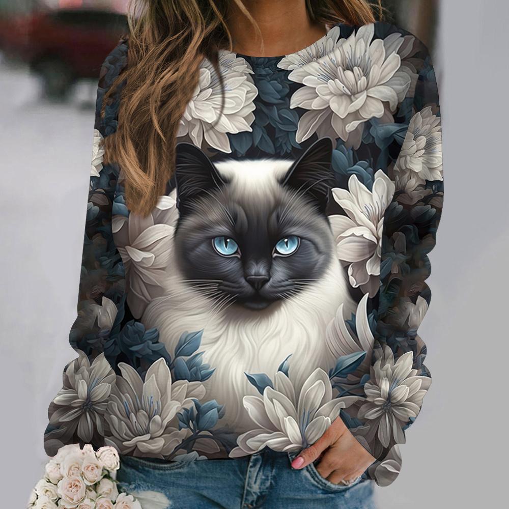 Women's T Shirts 3d Print Art Design Cat Pattern Long Sleeve Daily Weekend Fashion Funny Round Neck Regular Fit Spring & Fall