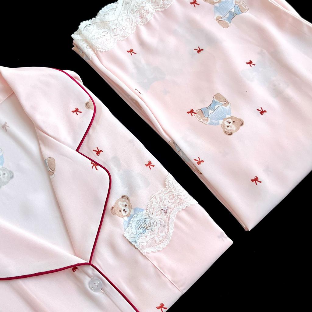 [Good night bear length] Autumn pajamas women's acetic acid fabric long-sleeved trousers bear cute wind loungewear women