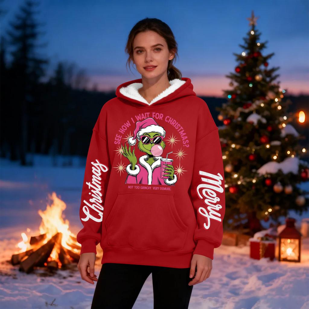 Женская повседневная модная толстовка с капюшоном большого размера, утепленная флисом, с рождественским принтом