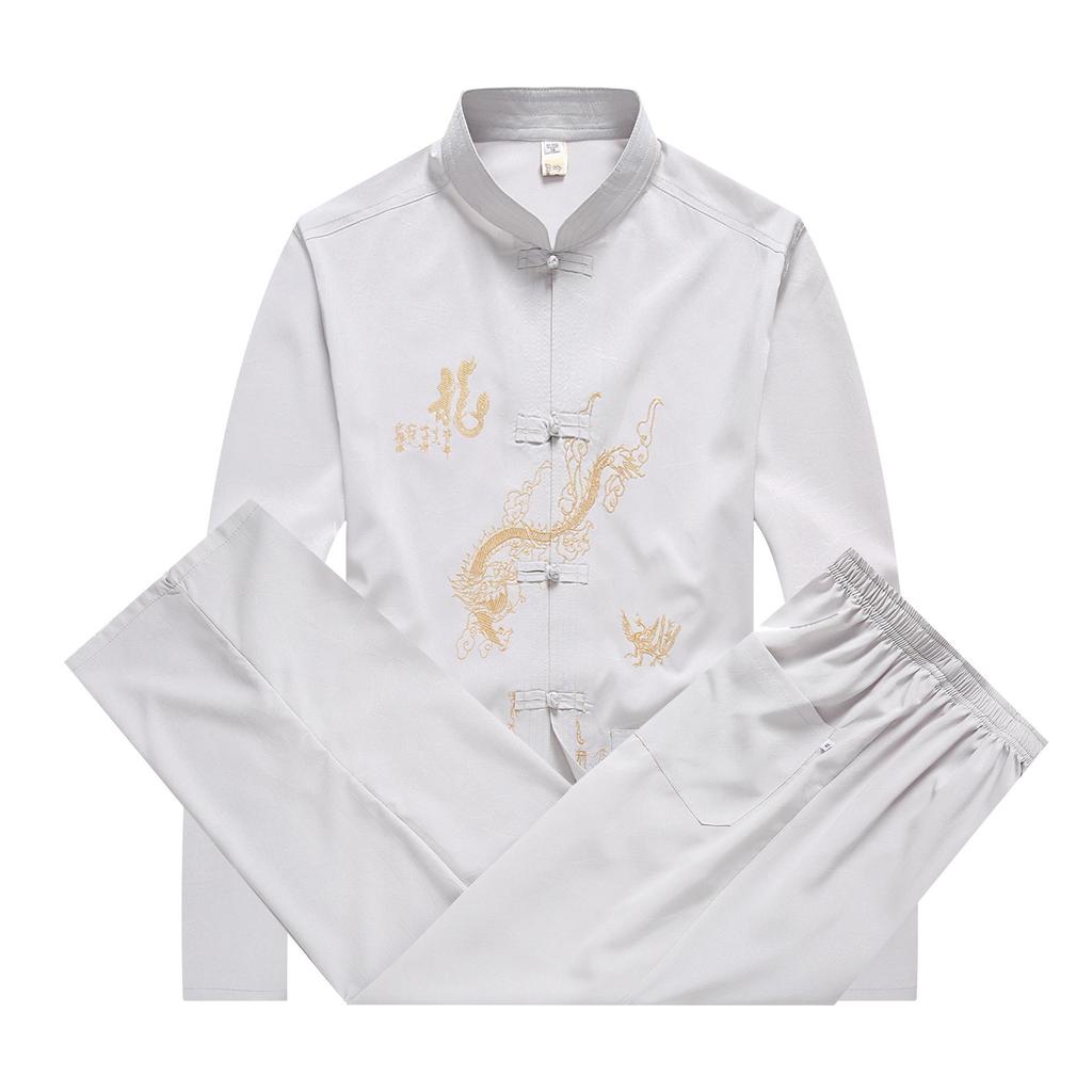 Мужской осенний костюм Тан: Вышитая рубашка для тай-чи с воротником-стойкой и застежкой-пуговицей-лягушкой, с длинным рукавом, комплект