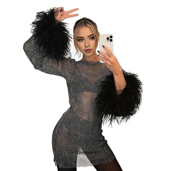 Sexy Glitter Evening Dress with Fur-Trimmed Cuffs Round Neckline Long Sleeves See-through Slim Fit Dress