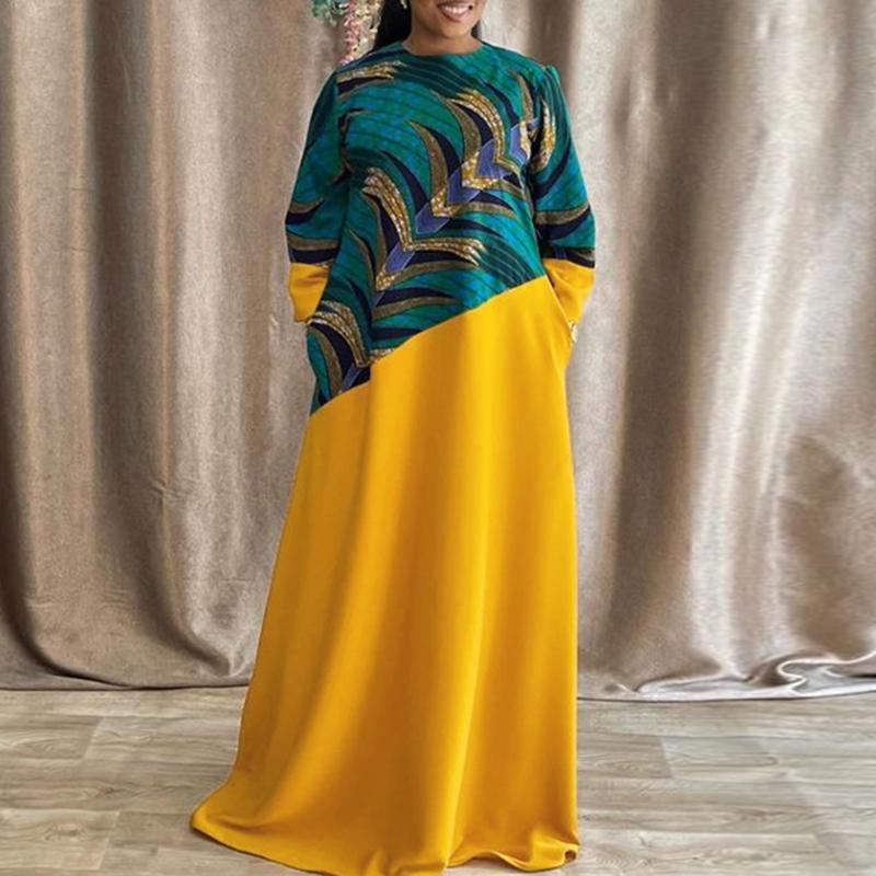 Женские платья больших размеров с круглым вырезом и длинными рукавами с принтом