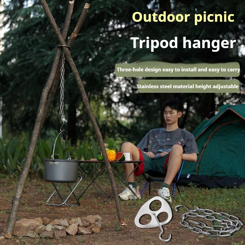 Portable Outdoor Bbq Tripod Hanger Camping Equipment Barbecue Accessories Stainless Steel Camping Bonfire Grill Pot Tripod Set