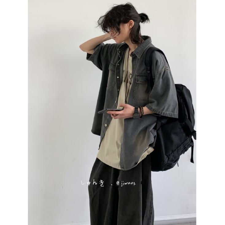 Рубашка с коротким рукавом в стиле ретро из джинсовой ткани, летняя модная мужская и женская марка, японский ретро-тренд с коротким рукавом, классная и свободная рубашка