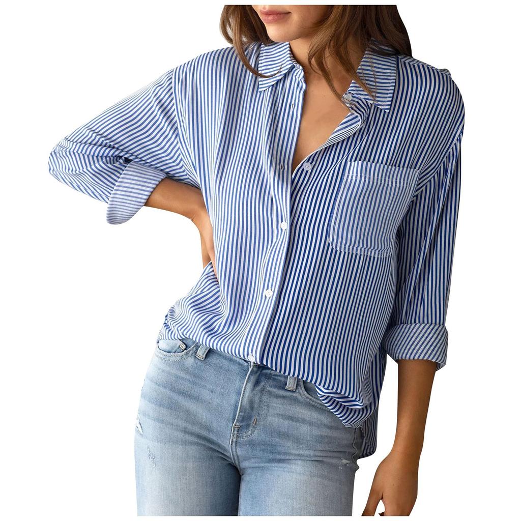 Женские полосатые рубашки на пуговицах с карманами и длинными рукавами, остроконечный воротник, топы