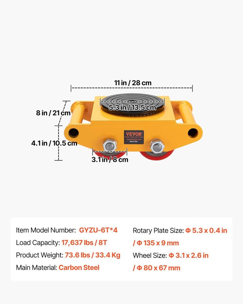 4PCS Machinery Skate Dolly, 17637LBS/8T Industrial Machinery Mover, Heavy Duty Carbon Steel Machinery Moving Skate with 4 PU Wheels and 360° Rotation