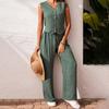 Women's Summer Two Piece Outfit Sleeveless V Neck Button Down Vest High Waist Wide Leg Pants Set Casual Office Lady Suit