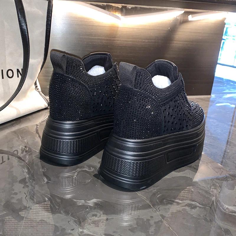 Fashion 10CM Wedge Heels Sneakers New Autumn Women Bling Crystal Skateboard Shoes Breathable Leather High Platform Vulcanize White Shoes