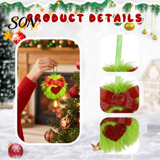 Reusable Xmas Tree Accessories Faux Fur Pom Poms Christmas Ornaments, 2.3 Inch Soft Fluffy Green Ball Hanging Baubles Decoration with Glitter Bow And