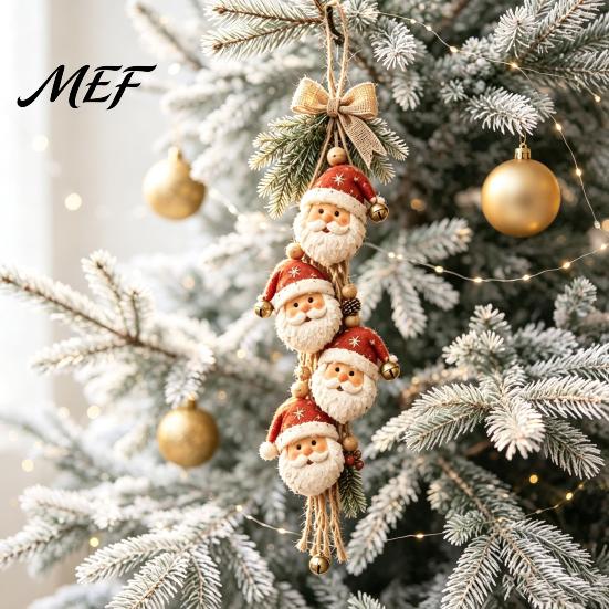 Xmas Tree Hanging Pendant Wooden Santa Claus Ornament, 2D Flat Pattern Sign with Jute Christmas Decorations for Home Shop Rope And Bell, Vintage Door