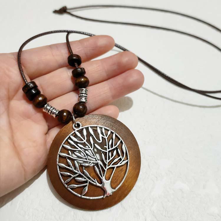 Женское ожерелье из хлопка и льна в этническом стиле из дерева в стиле ретро с кулоном в виде листа из сплава