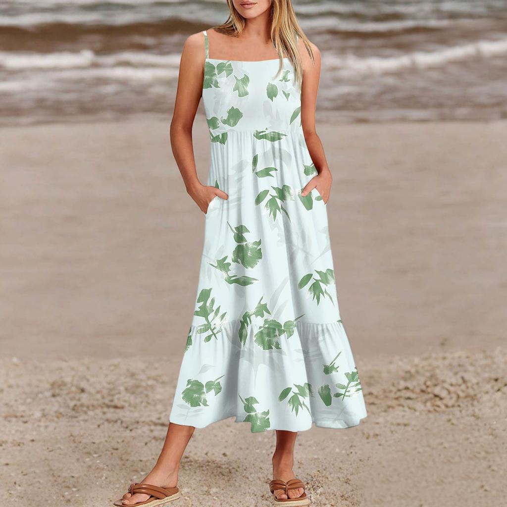 Women's Summer Spaghetti Strap Patchwork Beach Vacation Floral With Pocket Dresses