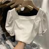 WTEMPO Retro Puff Sleeve Square Collar Short Sleeve T-Shirts Women's Summer Casual Solid Shirts Streetwear