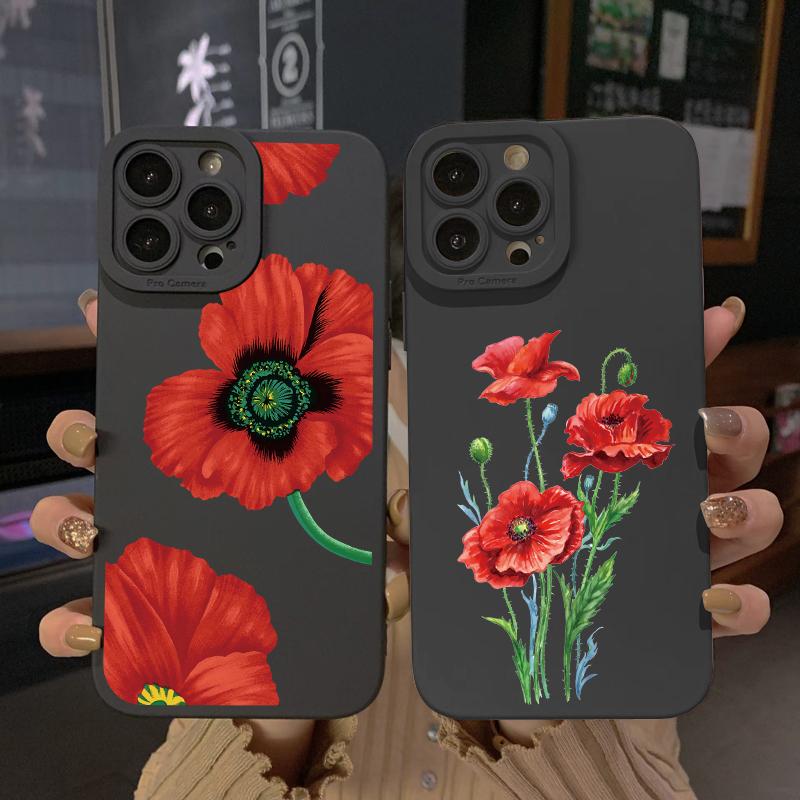 Чехол для телефона с цветком мака Черный цвет Для iPhone 7 8 Plus SE2 13 12 11 14 Pro Max X XR XS Мягкий силиконовый чехол Funda Shells