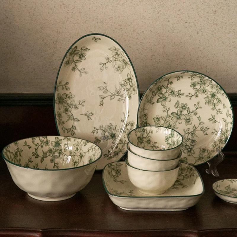 Винтажная керамическая тарелка с зеленым цветком, элитные ресторанные обеденные тарелки, суповые миски, изысканные блюда, глубокая тарелка, бытовая посуда