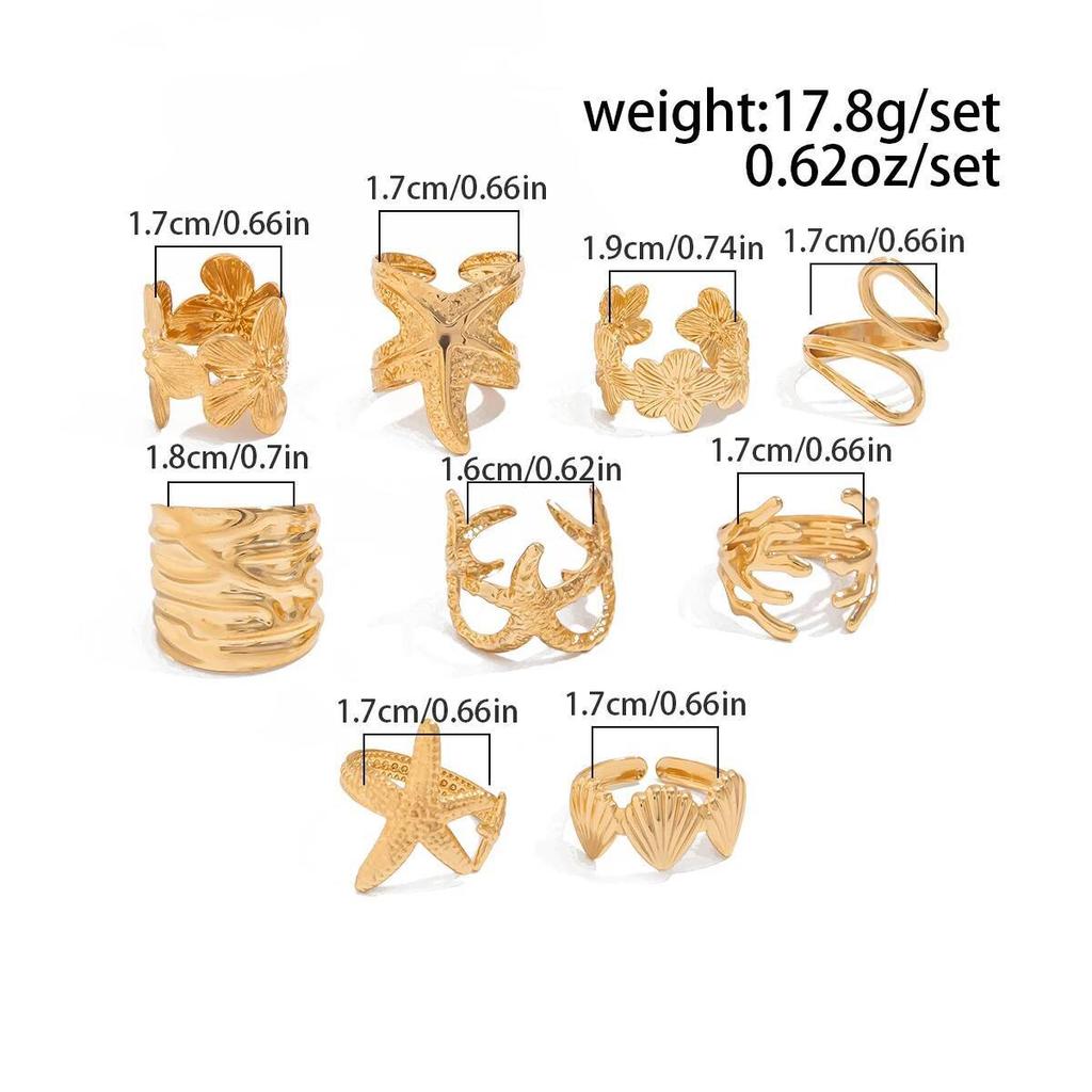 SHIXIN 9 Pcs Creative Starfish Scallop Flower Open Rings Set for Women Bohemian Irregular Adjustable Ring Beach Daily Jewelry