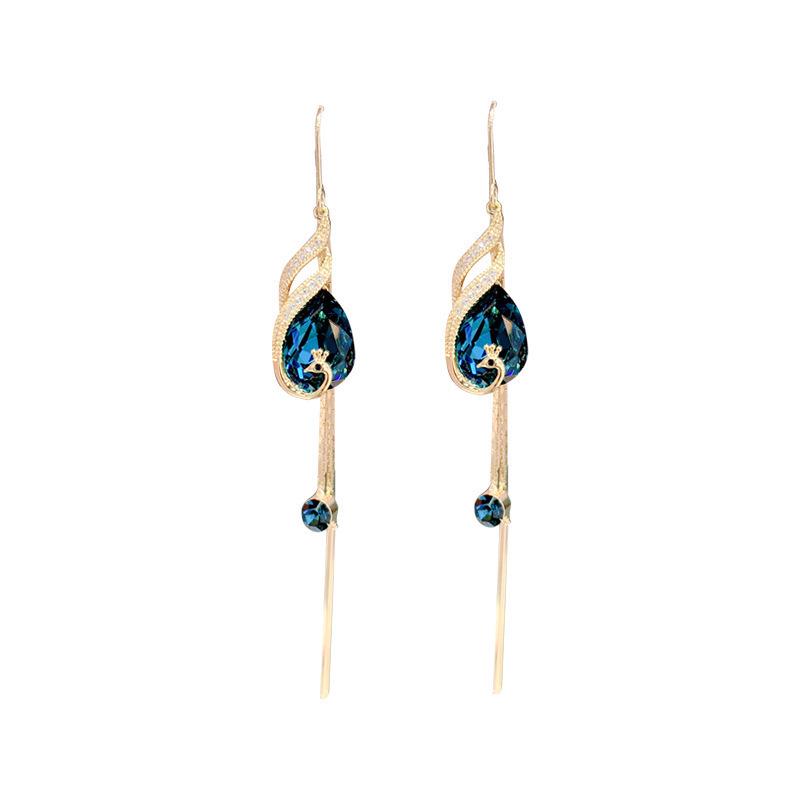 TikTok Live Temperament Peacock Phoenix Earrings - Blue Red Crystal Long Tassel