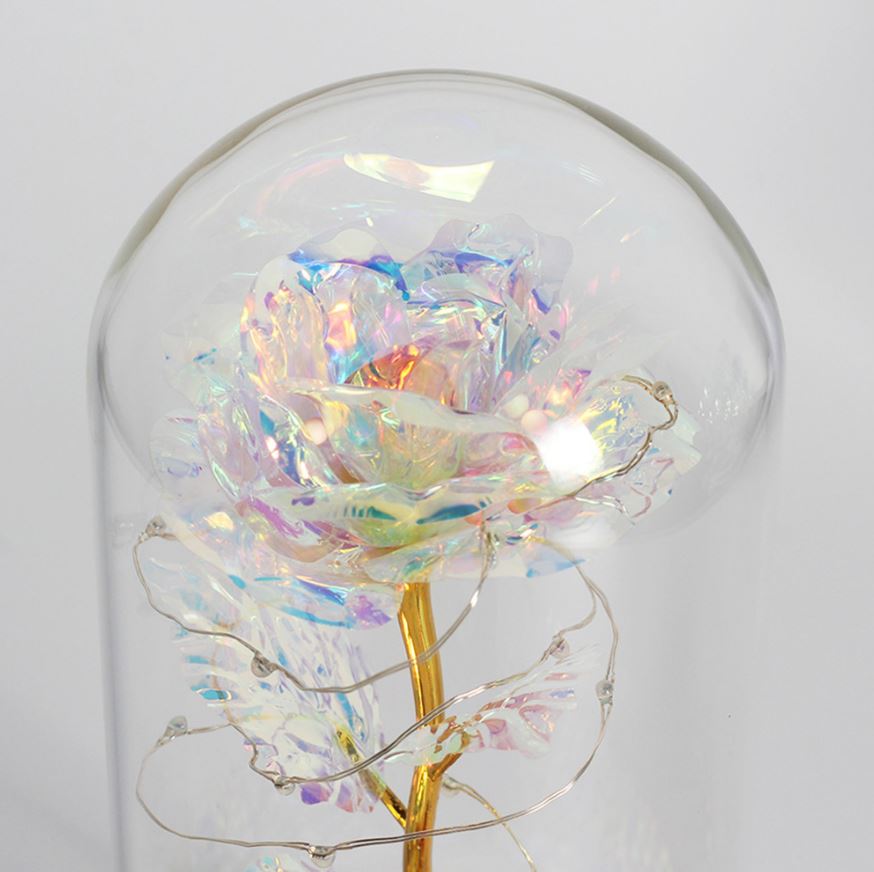 LED eternal pink rose glowing in glass, batteries, proposal, wedding, name day