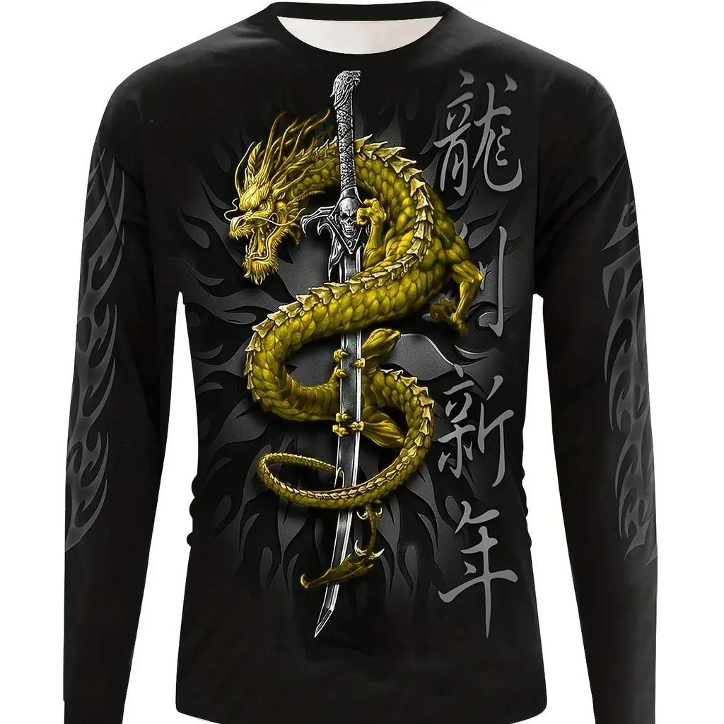 Мужская футболка с круглым вырезом и длинными рукавами Red Dragon & Sword, весна-осень
