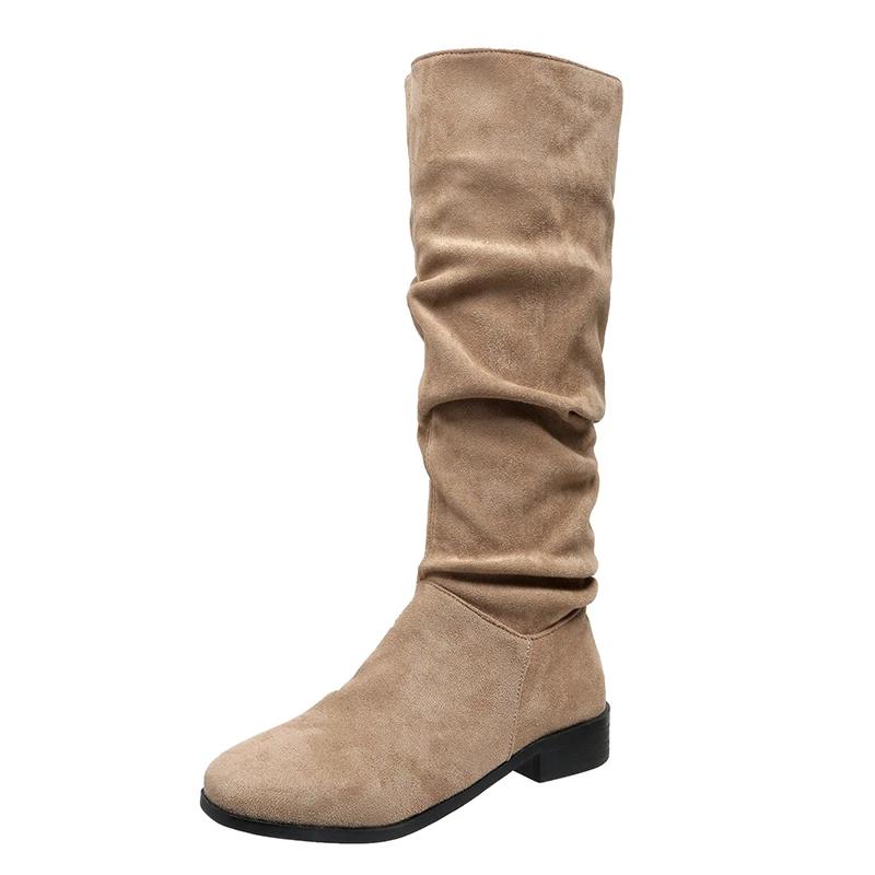 2024 2024 New High Quality Pleated Boots Women Black Nude Faux Suede Flock Knee High Boots Ladies Flat Autumn Winter Dress Shoe 43