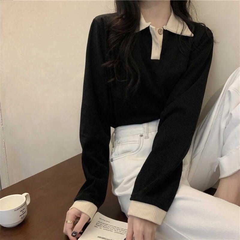 Knitwear Spring and Autumn Thin Models Lapel Positive Shoulder Tops Female Polo Shirt Thin Hundred Ins Long-sleeved Inner Take Tops
