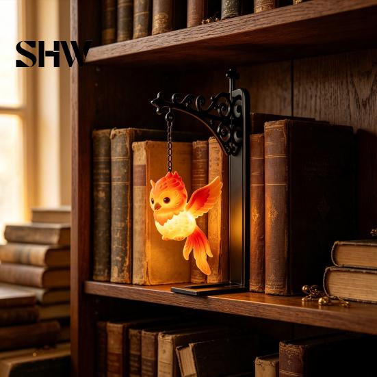 Retro Dark Fantasy Decor Hanging Magic Owl Bird Deer Bookend Lamp, Gothic Metal Bookshelf Light, Magical Lantern for Reading Nook Vintage Library