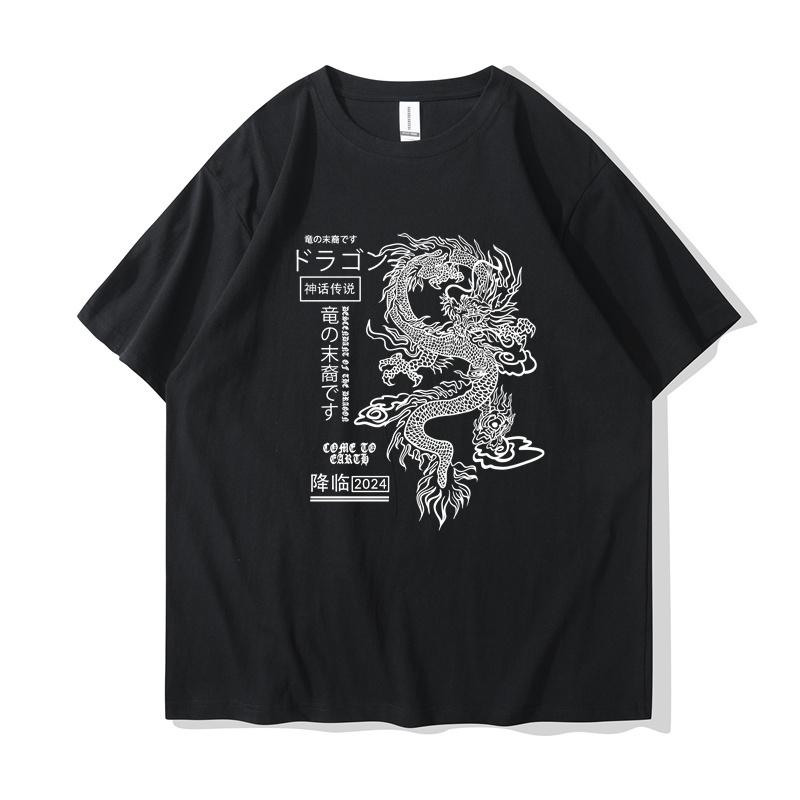 Anime Men Japanese Writing Dragon Graphic Y2k T-ShirtT-shirts White 100% Cotton Short Sleeve O-Neck Tops Tees Shirts Styles 10