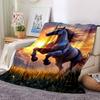 Galloping Black Horse Sunset Golden Grassland Print Flannel Blanket Wildlife Animal Throw Blanket Soft Cozy Home Sofa Bed Decor
