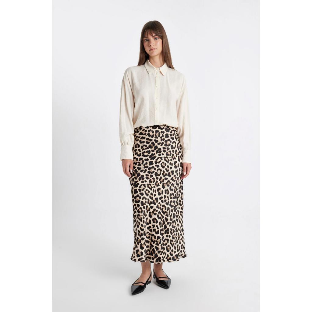 A-line High Waist Leopard Patterned Long/maxi Length 100% Satin Skirt D3905axns