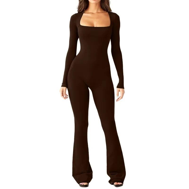 2024 Long Sleeve Square Collar Skinny Wide Leg Women Jumpsuits High Elastic Fashion Bodysuit Casual Solid Color Clothes 30648