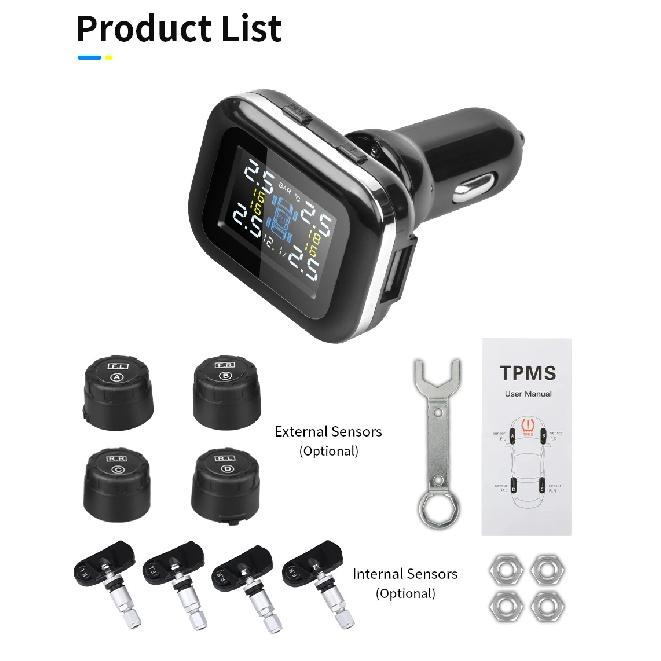 Jansite Car TPMS Cigarette Lighter Tire Pressure Monitoring System Sensors Auto Security Tpsm Sensor Adjustable Display Angle