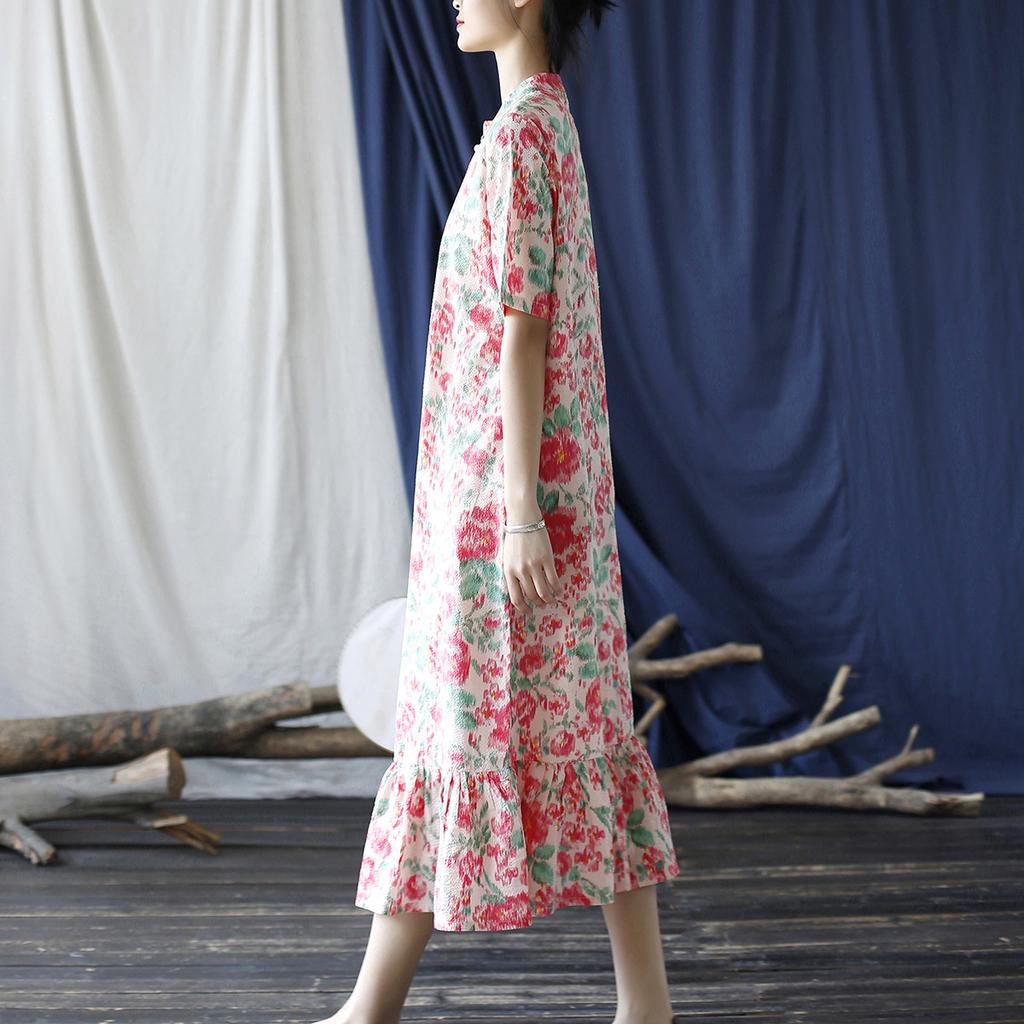 Johnature Женское платье трапециевидной формы в китайском стиле с коротким рукавом и цветочным принтом, летние винтажные хлопковые женские платья