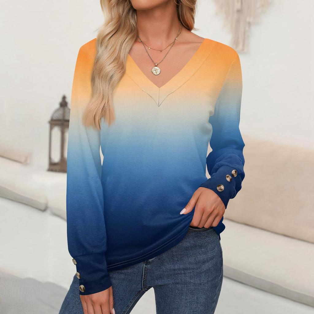 Women's Tops Gradient Printed Long Sleeve Shirt V Neck Casual Loose T-Shirt Autumn Clothing