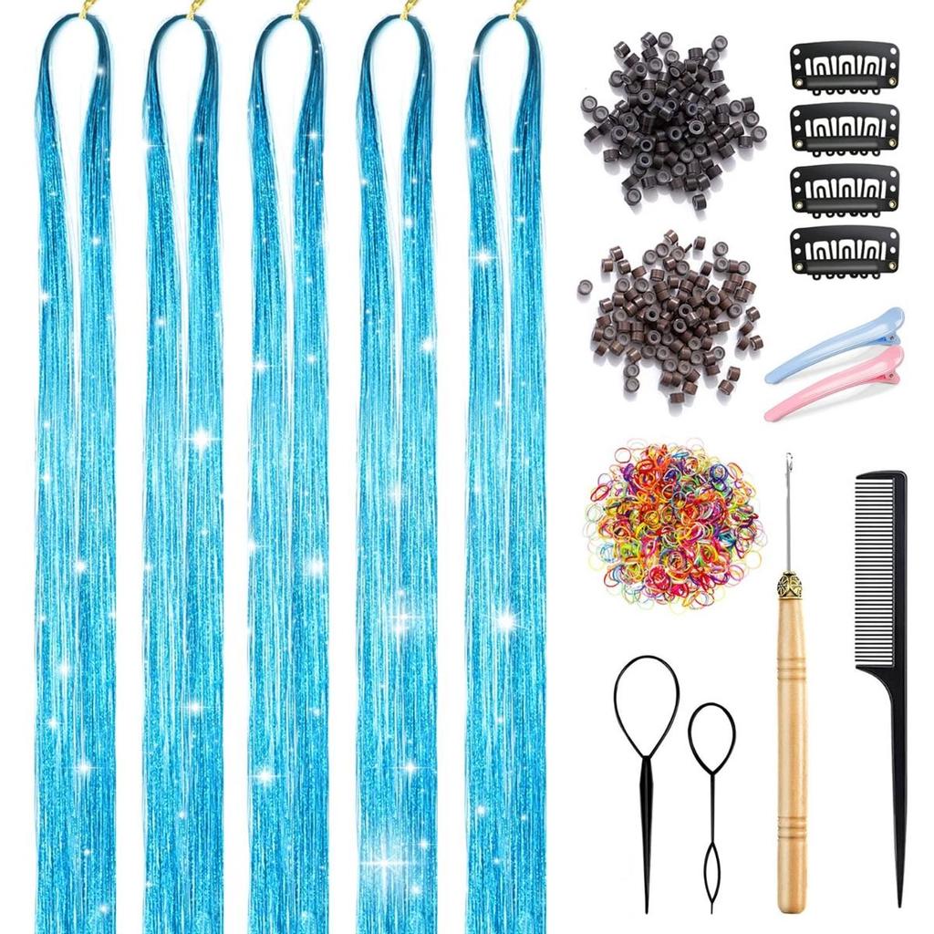 Набор мишуры для волос с инструментами Мишура для волос Термостойкий набор мишуры для волос феи Наращивание волос 47 дюймов 1100 прядей Блестящая мишура
