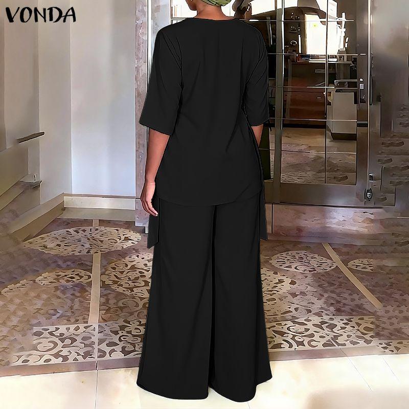 VONDA 2 шт. Женский костюм-двойка с блузкой с 3/4 рукавом и брюками, повседневный элегантный