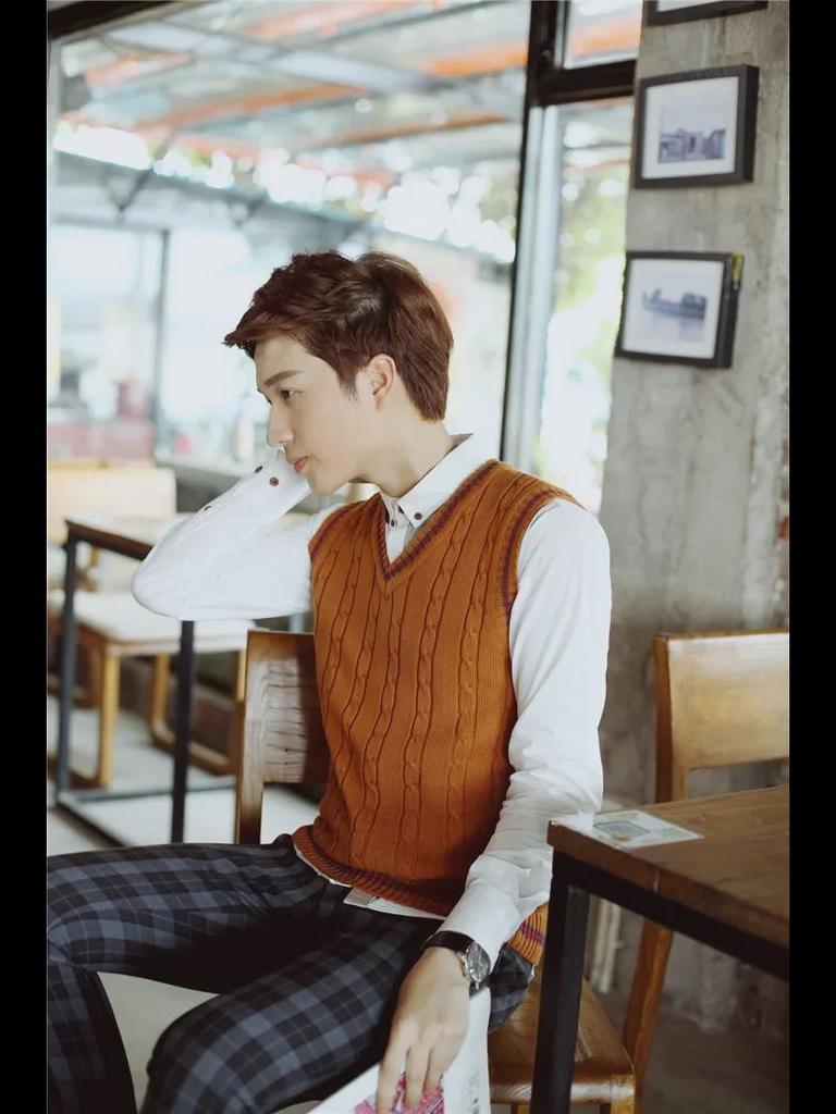 Мужской тонкий трикотажный шерстяной жилет с V-образным вырезом - модный корейский свитер без рукавов