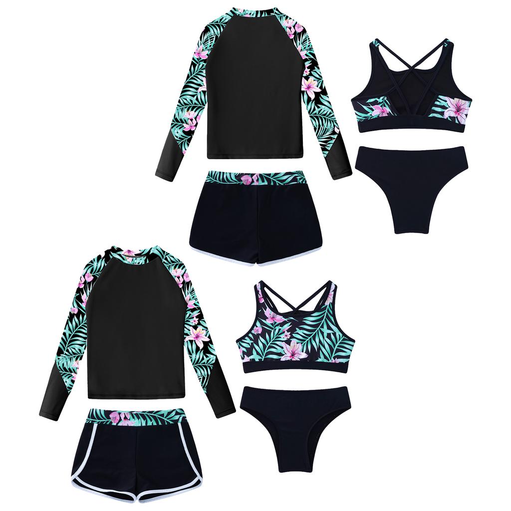 Children‘s 4-Piece Swimsuit Set Printed Long Sleeve Mock Neck Top U Back Crop Top High Waist Swim Shorts and Briefs for Beach Vacation