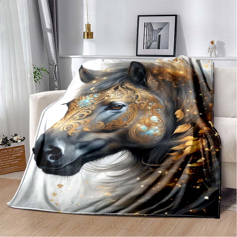 Black Horse with Golden Pattern Art Flannel Throw Blanket, Fantasy Horse Portrait Soft Blanket for Sofa Bed Home Decor